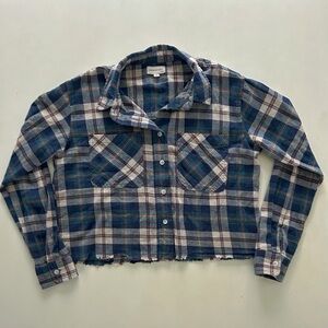 Thread & Supply Blue White Plaid Cropped Flannel Raw Hem Distressed Size Small